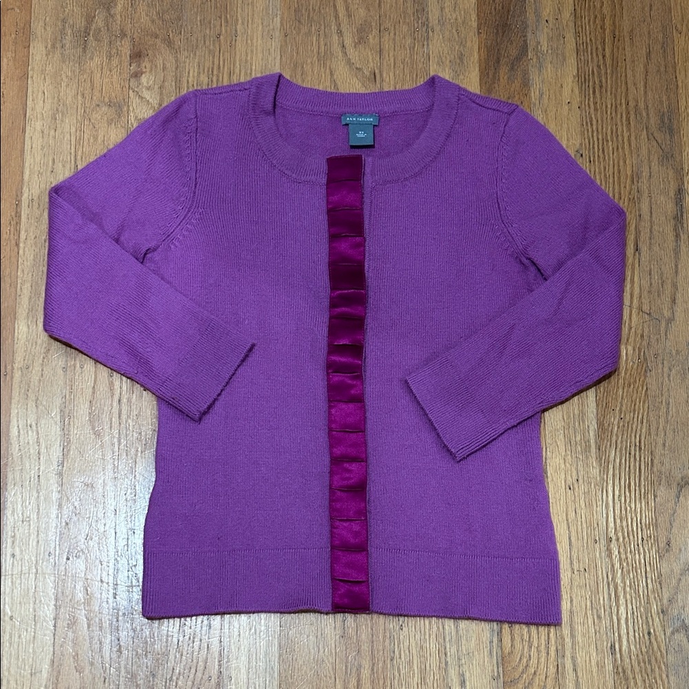 Ann Taylor Pastel Purple Cardigan Sweater with Gorgeous Satin Trim
